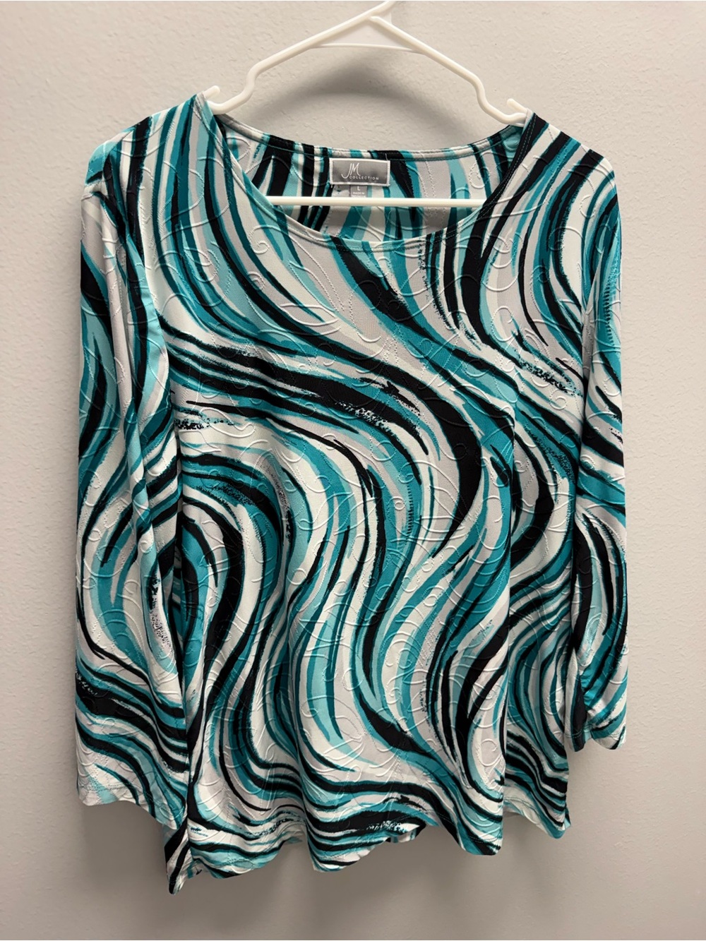 JM Collection Teal Black White Swirl Long Sleeve Top